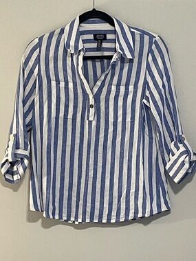 Jones New York Blue and White Striped Button-Front Blouse. Item # 11392